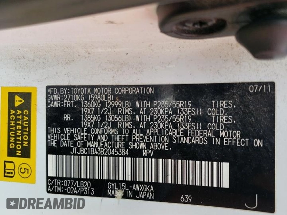 2011 Lexus RX 450h with VIN JTJBC1BA3B2045384, listed as a Copart auction lot 61182005 with 182,126 mi miles and Salvage title. Bid and sale history available at DreamBid. Image 13.