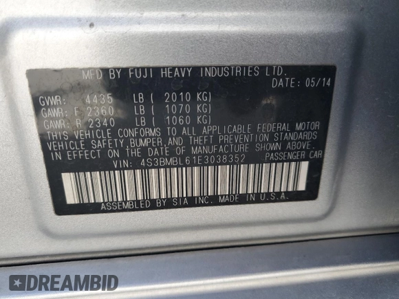 2014 Subaru Legacy Limited z VIN 4S3BMBL61E3038352, wystawiony jako Copart lot #52995135 z przebiegiem 75 598 mil mil oraz Szkoda całkowita • Salvage title. Historia ofert i sprzedaży dostępna na DreamBid. Obrazek 13.