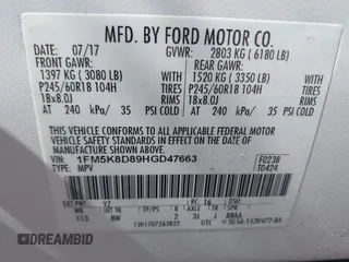 2017 Ford Explorer XLT with VIN 1FM5K8D89HGD47663, listed as a IAAI auction lot 40320242 with 75,548 mi miles and . Bid and sale history available at DreamBid. Image 9.