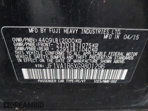 2016 Subaru WRX with VIN JF1VA1B6XG9801296, listed as a IAAI auction lot 41876696 with 86,440 mi miles. Bid and sale history available at carsss.com. Image 9.