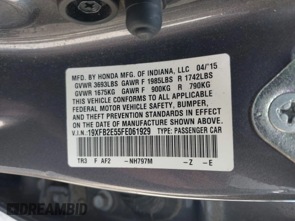 2015 Honda Civic Sedan LX with VIN 19XFB2E55FE061929, listed as a IAAI auction lot 41711847 with 140,906 mi miles. Bid and sale history available at carsss.com. Image 9.