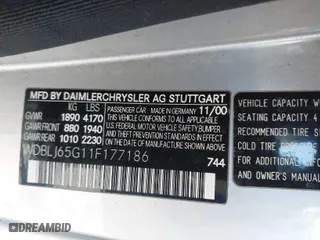 2001 Mercedes-Benz CLK-Class with VIN WDBLJ65G11F177186, listed as a IAAI auction lot 41583912 with 1 mi miles. Bid and sale history available at carsss.com. Image 9.