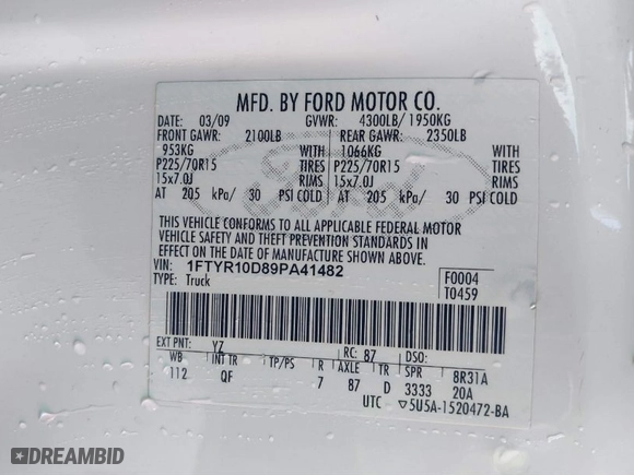 2009 Ford Ranger XL with VIN 1FTYR10D89PA41482, listed as a IAAI auction lot 41797290 with 110,071 mi miles. Bid and sale history available at carsss.com. Image 9.