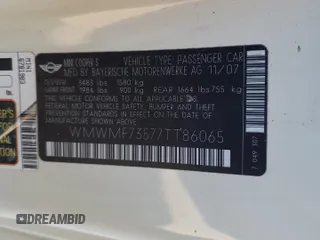2007 MINI Hardtop S with VIN WMWMF73577TT86065, listed as a Copart auction lot 57262795 with 100,052 mi miles and Salvage Title. Bid and sale history available at DreamBid. Image 13.