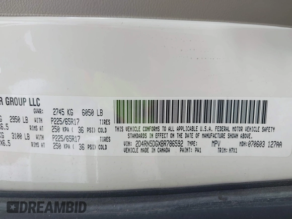 2011 Dodge Grand Caravan Crew with VIN 2D4RN5DGXBR786592, listed as a IAAI auction lot 42114198 with 243,423 mi miles and . Bid and sale history available at DreamBid. Image 9.