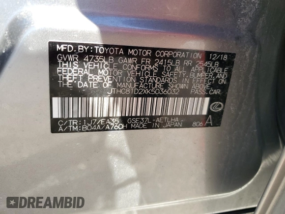2019 Lexus IS with VIN JTHC81D2XK5036032, listed as a Copart auction lot 49391415 with 0 mi miles and Salvage Title. Bid and sale history available at carsss.com. Image 12.