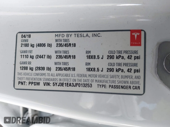 2018 Tesla Model 3 Long Range Battery with VIN 5YJ3E1EA3JF013253, listed as a IAAI auction lot 41752102 with 84,459 mi miles. Bid and sale history available at carsss.com. Image 9.