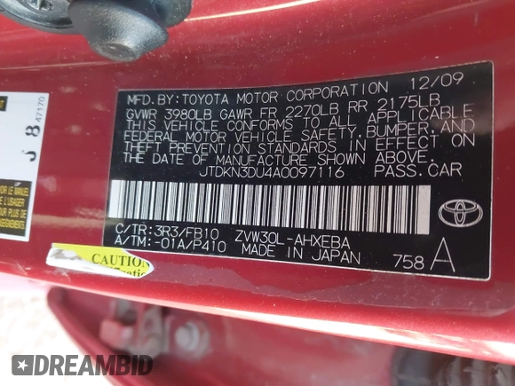 2010 Toyota Prius II with VIN JTDKN3DU4A0097116, listed as a IAAI auction lot 42021243 with 205,274 mi miles. Bid and sale history available at carsss.com. Image 9.
