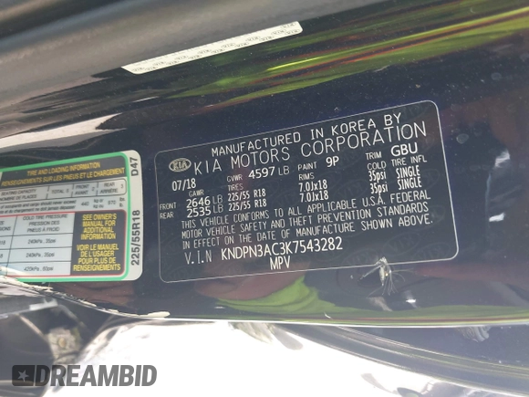 2019 Kia Sportage EX with VIN KNDPN3AC3K7543282, listed as a IAAI auction lot 42366436 with 86,928 mi miles and . Bid and sale history available at DreamBid. Image 9.