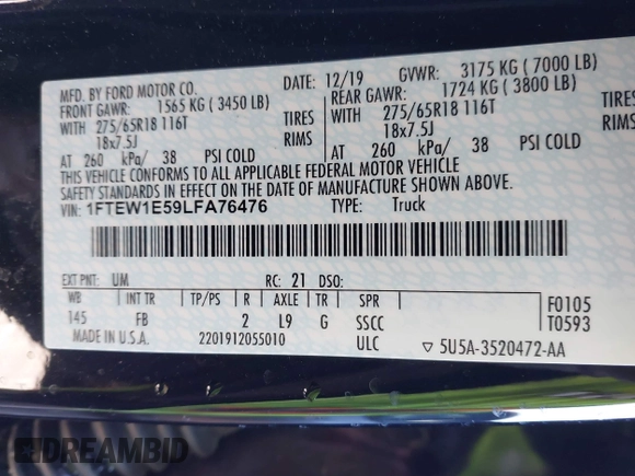 2020 Ford F-150 XL with VIN 1FTEW1E59LFA76476, listed as a IAAI auction lot 41372344 with 49,547 mi miles and . Bid and sale history available at DreamBid. Image 9.