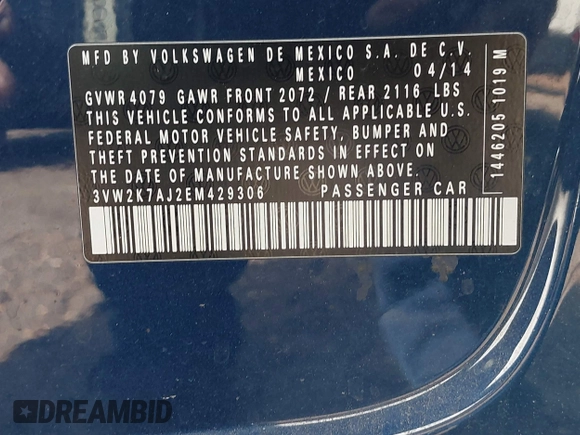 2014 Volkswagen Jetta S z VIN 3VW2K7AJ2EM429306, wystawiony jako IAAI lot #42161911 z przebiegiem 129 997 mil mil oraz . Historia ofert i sprzedaży dostępna na DreamBid. Obrazek 9.