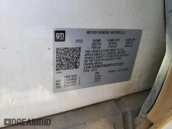 2021 GMC Yukon SLT with VIN 1GKS1BKD6MR429330, listed as a Copart auction lot 72923274 with 67,961 mi miles and Salvage Title. Bid and sale history available at carsss.com. Image 16.