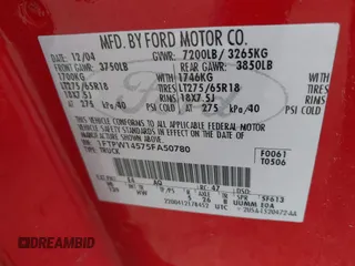 2005 Ford F-150 XLT z VIN 1FTPW14575FA50780, wystawiony jako IAAI lot #42338011 z przebiegiem 183 463 mil mil oraz . Historia ofert i sprzedaży dostępna na DreamBid. Obrazek 9.