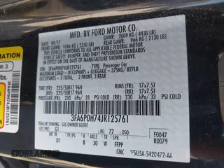 2018 Ford Fusion SE z VIN 3FA6P0H74JR125761, wystawiony jako IAAI lot #41992708 z przebiegiem 102 242 mil mil oraz . Historia ofert i sprzedaży dostępna na DreamBid. Obrazek 9.