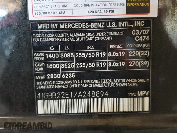 2007 Mercedes-Benz M 320 CDI with VIN 4JGBB22E17A248894, listed as a Copart auction lot 46248135 with 181,235 mi miles and Clean Title. Bid and sale history available at carsss.com. Image 12.