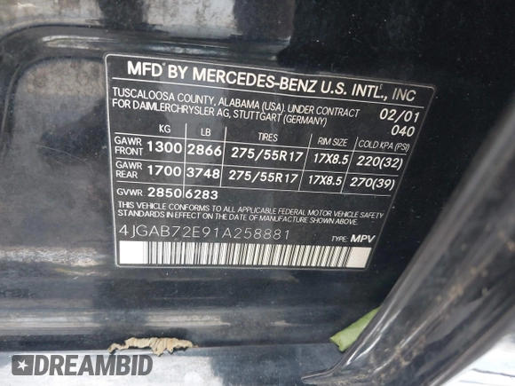 2001 Mercedes-Benz M 320/430/500 with VIN 4JGAB72E91A258881, listed as a IAAI auction lot 42685193 with Not provided miles and . Bid and sale history available at DreamBid. Image 9.