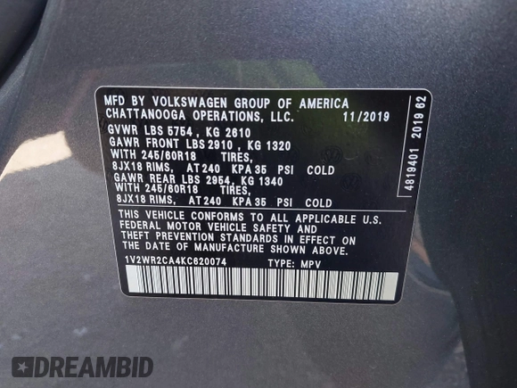 2019 Volkswagen Atlas SE with VIN 1V2WR2CA4KC620074, listed as a IAAI auction lot 42657399 with 75,306 mi miles and . Bid and sale history available at DreamBid. Image 9.