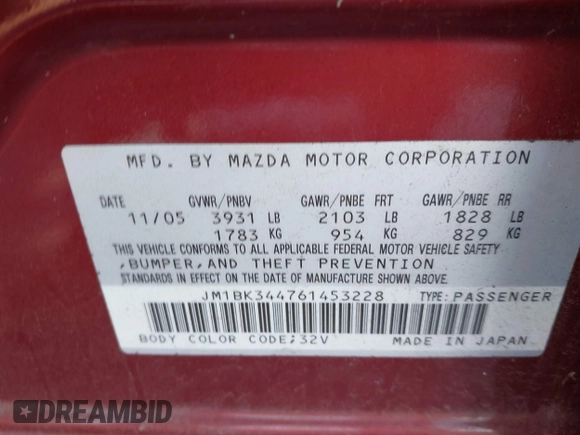 2006 Mazda 3 S Grand Touring with VIN JM1BK344761453228, listed as a IAAI auction lot 41828870 with 150,362 mi miles and . Bid and sale history available at DreamBid. Image 9.