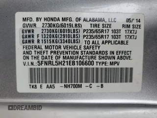 2014 Honda Odyssey LX z VIN 5FNRL5H21EB106600, wystawiony jako Copart lot #57875765 z przebiegiem 122 159 mil mil oraz Szkoda całkowita • Salvage title. Historia ofert i sprzedaży dostępna na DreamBid. Obrazek 13.
