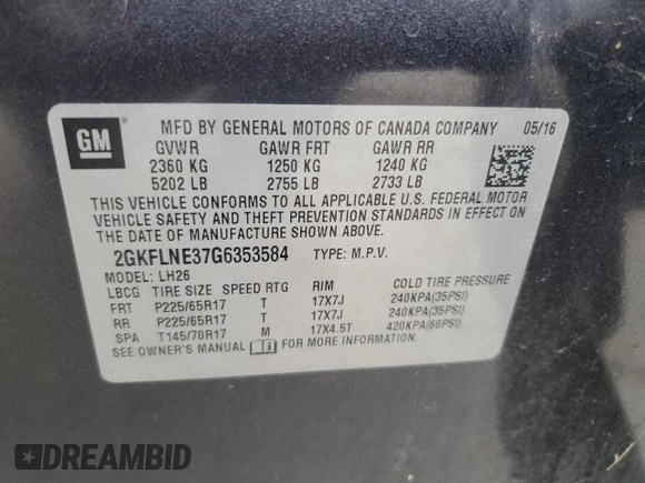 2016 GMC Terrain SLE with VIN 2GKFLNE37G6353584, listed as a Copart auction lot 44313935 with 60,725 mi miles and Salvage Title. Bid and sale history available at carsss.com. Image 15.