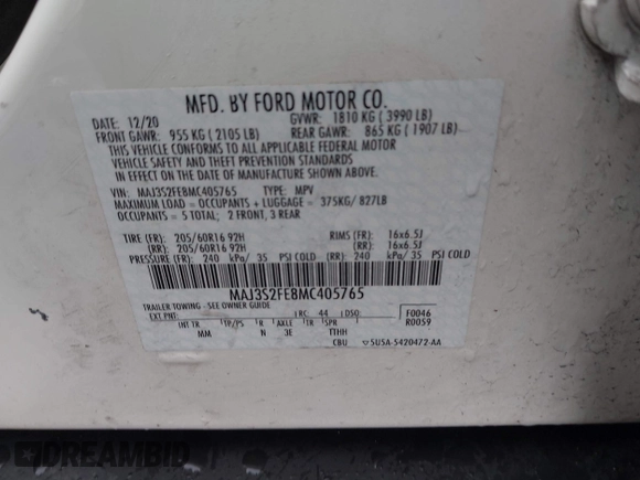2021 Ford EcoSport S with VIN MAJ3S2FE8MC405765, listed as a IAAI auction lot 41913832 with 63,293 mi miles and . Bid and sale history available at DreamBid. Image 9.