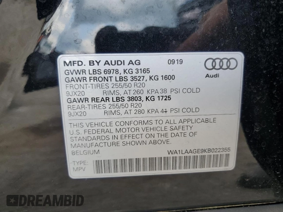 2019 Audi e-tron Premium Plus with VIN WA1LAAGE9KB022355, listed as a Copart auction lot 56298783 with 36,313 mi miles. Bid and sale history available at carsss.com. Image 13.