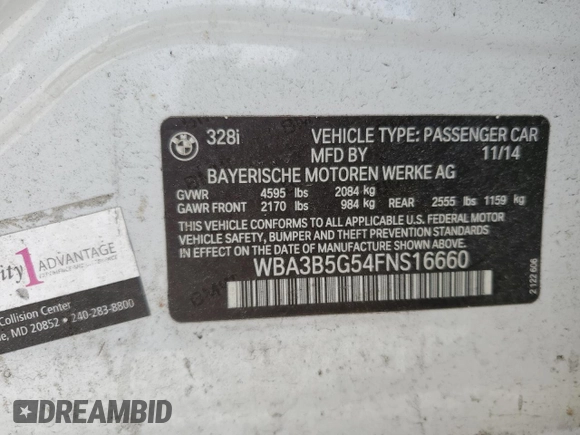 2015 BMW 3 Series 328i xDrive с VIN WBA3B5G54FNS16660, выставлен на аукционе Copart как лот 47927835 с пробегом 97 446 миль миль и Списание • Salvage title. История ставок и продаж доступна на DreamBid. Изображение 12.