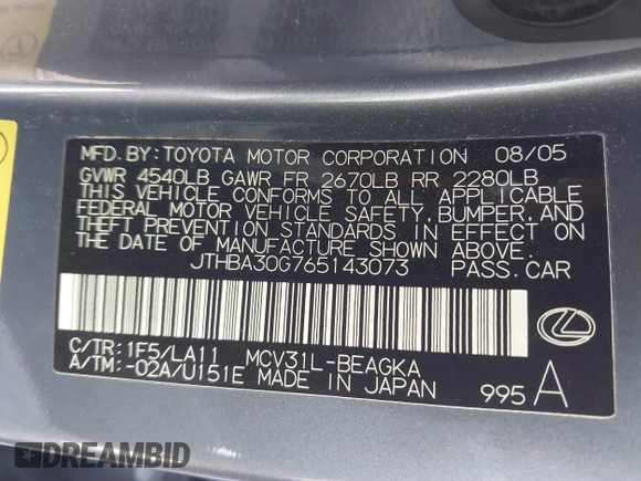 2006 Lexus ES 350 with VIN JTHBA30G765143073, listed as a IAAI auction lot 41840304 with 233,309 mi miles and . Bid and sale history available at DreamBid. Image 9.