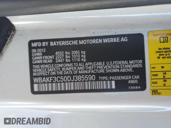 2013 BMW 3 Series 328i xDrive with VIN WBAKF3C50DJ385590, listed as a Copart auction lot 41650135 with 117,066 mi miles and Salvage Title. Bid and sale history available at carsss.com. Image 12.