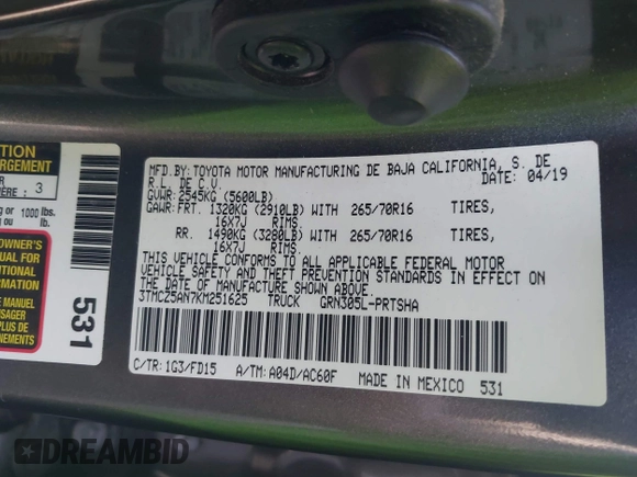 2019 Toyota Tacoma SR with VIN 3TMCZ5AN7KM251625, listed as a IAAI auction lot 42527478 with 45,689 mi miles and . Bid and sale history available at DreamBid. Image 9.