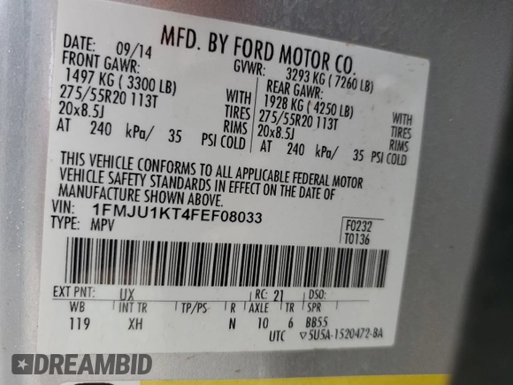 2015 Ford Expedition Limited with VIN 1FMJU1KT4FEF08033, listed as a Copart auction lot 86744224 with 152,775 mi miles and Salvage title. Bid and sale history available at DreamBid. Image 14.