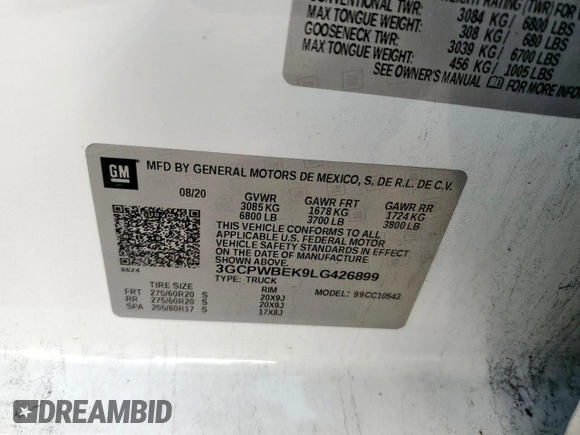 2020 Chevrolet Silverado 1500 Custom with VIN 3GCPWBEK9LG426899, listed as a Copart auction lot 56714435 with 141,167 mi miles and Clean Title. Bid and sale history available at DreamBid. Image 12.