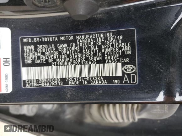 2019 Toyota Corolla L z VIN 2T1BURHE2KC130632, wystawiony jako Copart lot #53754325 z przebiegiem 244 272 mil mil oraz Szkoda całkowita • Salvage title. Historia ofert i sprzedaży dostępna na DreamBid. Obrazek 15.
