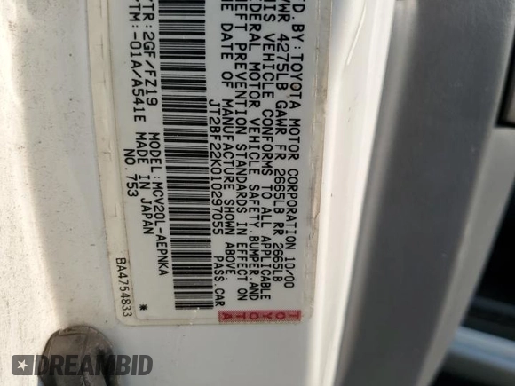 2001 Toyota Camry LE z VIN JT2BF22K010297055, wystawiony jako Copart lot #59510645 z przebiegiem 265 428 mil mil oraz Szkoda całkowita • Salvage title. Historia ofert i sprzedaży dostępna na DreamBid. Obrazek 12.