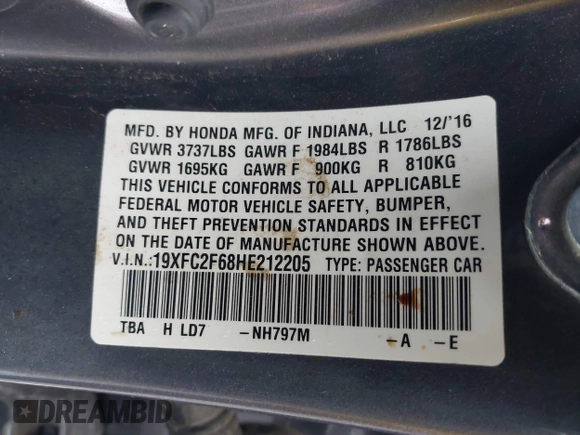 2017 Honda Civic Sedan LX with VIN 19XFC2F68HE212205, listed as a IAAI auction lot 41527843 with 128,401 mi miles. Bid and sale history available at carsss.com. Image 9.