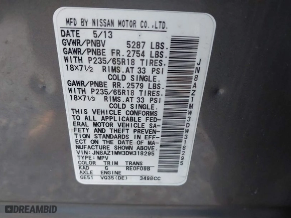2013 Nissan Murano SL with VIN JN8AZ1MW3DW318295, listed as a IAAI auction lot 41781703 with 169,429 mi miles. Bid and sale history available at carsss.com. Image 9.