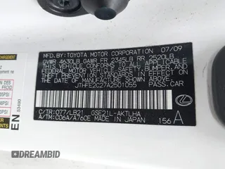 2010 Lexus IS 350 C with VIN JTHFE2C27A2501055, listed as a IAAI auction lot 42149205 with 123,778 mi miles and . Bid and sale history available at DreamBid. Image 9.