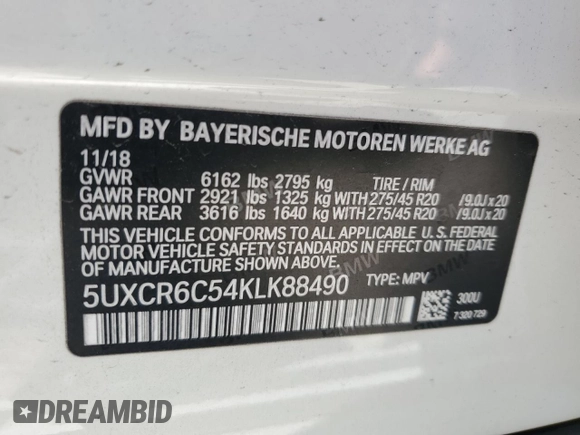 2019 BMW X5 xDrive40i with VIN 5UXCR6C54KLK88490, listed as a Copart auction lot 57917005 with 50,948 mi miles and Salvage title. Bid and sale history available at DreamBid. Image 13.