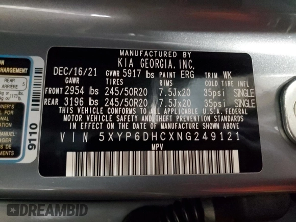 2022 Kia Telluride S with VIN 5XYP6DHCXNG249121, listed as a Copart auction lot 87368404 with 37,642 mi miles and Salvage Title. Bid and sale history available at DreamBid. Image 14.