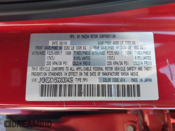 2016 Mazda CX-5 Touring with VIN JM3KE2CY6G0830409, listed as a IAAI auction lot 42049299 with 39,317 mi miles. Bid and sale history available at carsss.com. Image 9.