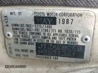 1987 Toyota Corolla с VIN JT2AE82E9H3531391, выставлен на аукционе Copart как лот 44657375 с пробегом 240 376 миль миль и Чистый • Clean title. История ставок и продаж доступна на DreamBid. Изображение 12.