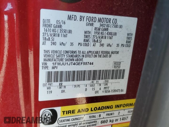 2016 Ford Expedition XLT with VIN 1FMJU1JT4GEF55744, listed as a Copart auction lot 53349055 with 112,021 mi miles and Salvage title. Bid and sale history available at DreamBid. Image 13.