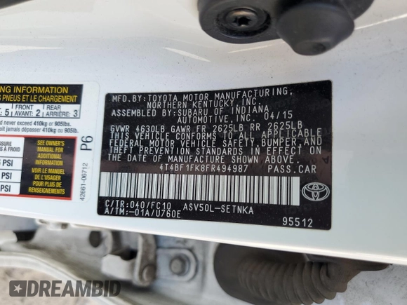 2015 Toyota Camry XLE with VIN 4T4BF1FK8FR494987, listed as a Copart auction lot 53555355 with 116,544 mi miles and Salvage Title. Bid and sale history available at carsss.com. Image 13.