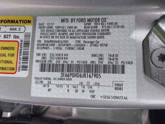 2018 Ford Fusion SE with VIN 3FA6P0HD6JR167905, listed as a IAAI auction lot 41709102 with 95,050 mi miles. Bid and sale history available at carsss.com. Image 9.