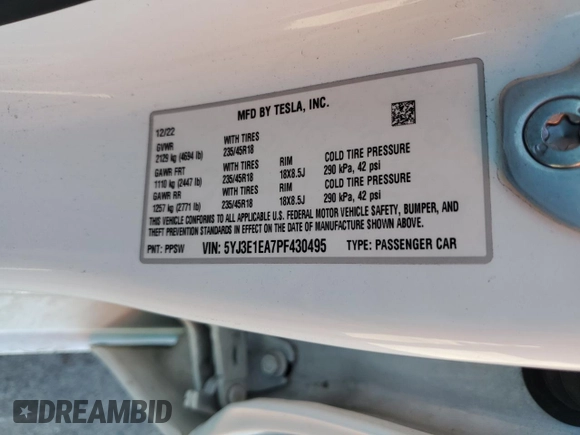 2023 Tesla Model 3 z VIN 5YJ3E1EA7PF430495, wystawiony jako Copart lot #64046515 z przebiegiem 32 829 mil mil oraz Szkoda całkowita • Salvage title. Historia ofert i sprzedaży dostępna na DreamBid. Obrazek 12.