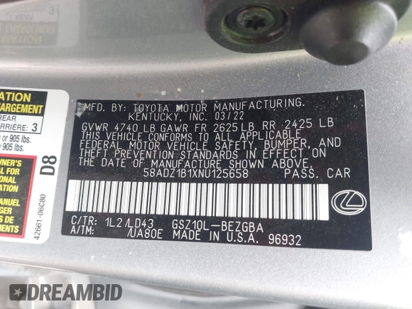 2022 Lexus ES 350 с VIN 58ADZ1B1XNU125658, выставлен на аукционе IAAI как лот 42380035 с пробегом 48 518 миль миль и . История ставок и продаж доступна на DreamBid. Изображение 9.
