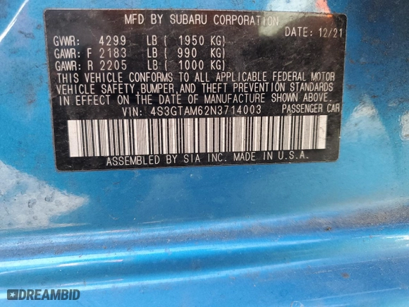 2022 Subaru Impreza Sport with VIN 4S3GTAM62N3714003, listed as a Copart auction lot 42552825 with 0 mi miles and Salvage Title. Bid and sale history available at carsss.com. Image 12.