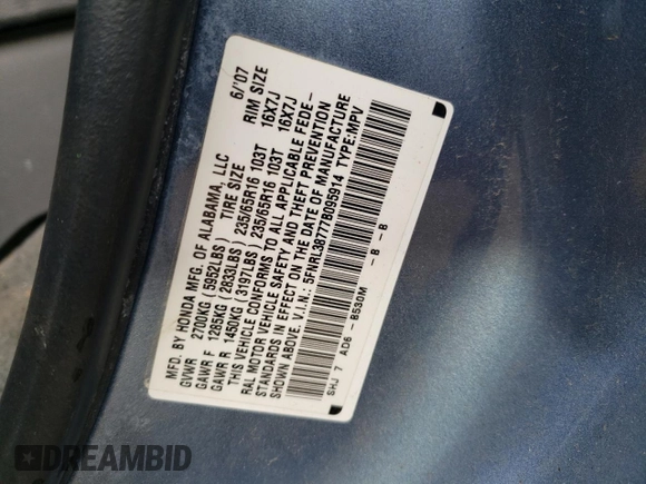 2007 Honda Odyssey EX-L with VIN 5FNRL38777B095914, listed as a Copart auction lot 53208585 with 254,710 mi miles and Salvage Title. Bid and sale history available at carsss.com. Image 15.