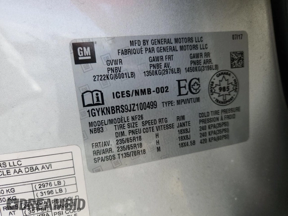 2018 Cadillac XT5 AWD with VIN 1GYKNBRS9JZ100499, listed as a Copart auction lot 59094525 with 89,073 mi miles and Clean title. Bid and sale history available at DreamBid. Image 13.