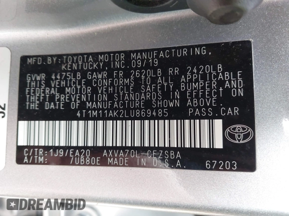 2020 Toyota Camry SE with VIN 4T1M11AK2LU869485, listed as a IAAI auction lot 41593137 with 90,501 mi miles. Bid and sale history available at carsss.com. Image 9.
